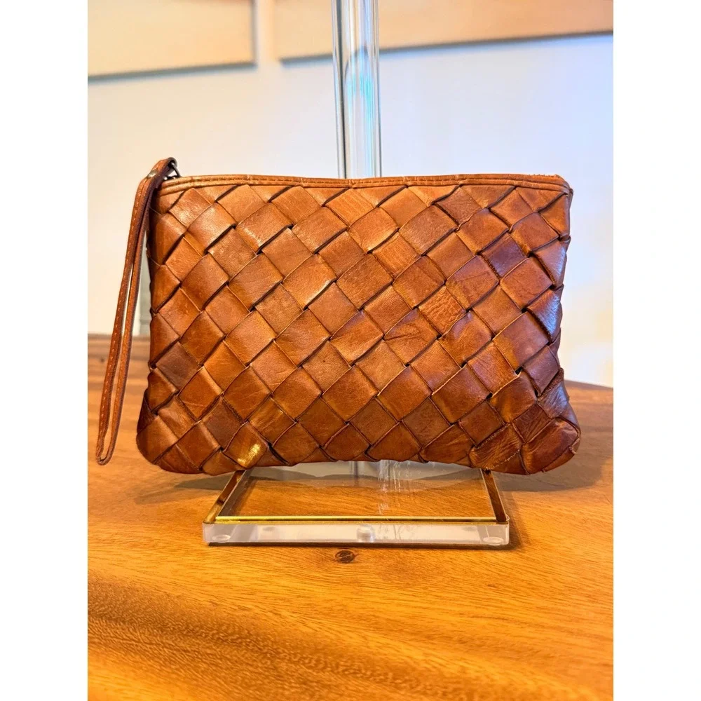 Vilenca Holland Woven Leather Wristlet Pouch Cognac Brown Boho Clutch Bag